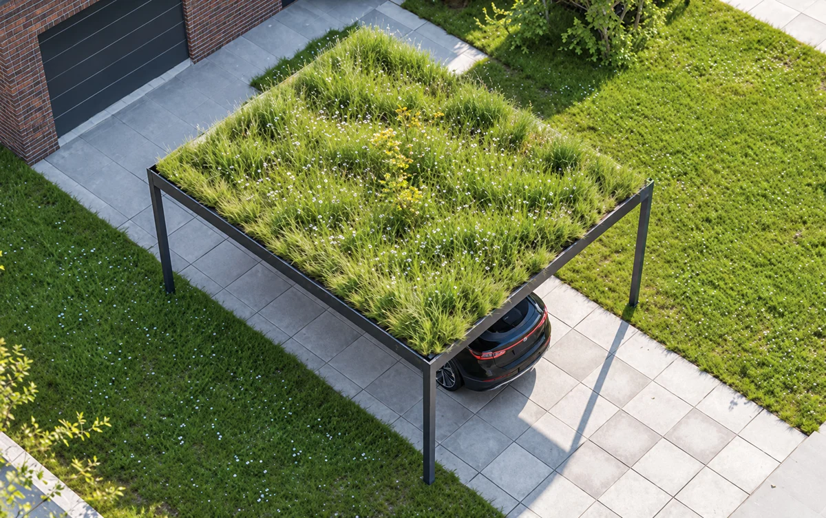 Dachansicht des Carports Juist mit optionaler Begrünung