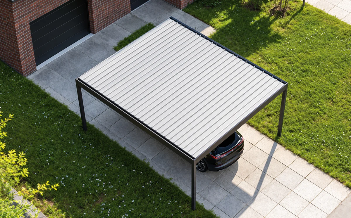 Dachansicht des Carports Juist mit Stahl-Trapezblech