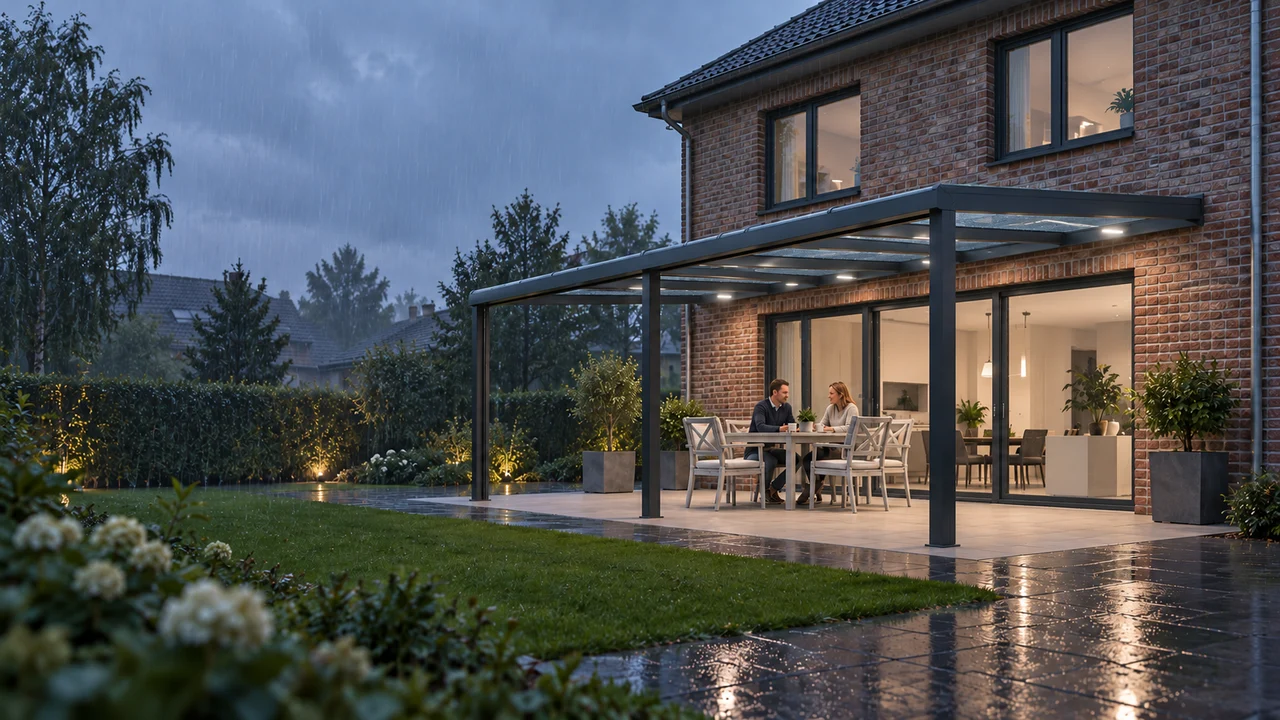 Visualisierung: vollständige anthrazitfarbene Terrassenüberdachung am Haus, neutral beleuchteter Sitzplatz und Regen im Garten.