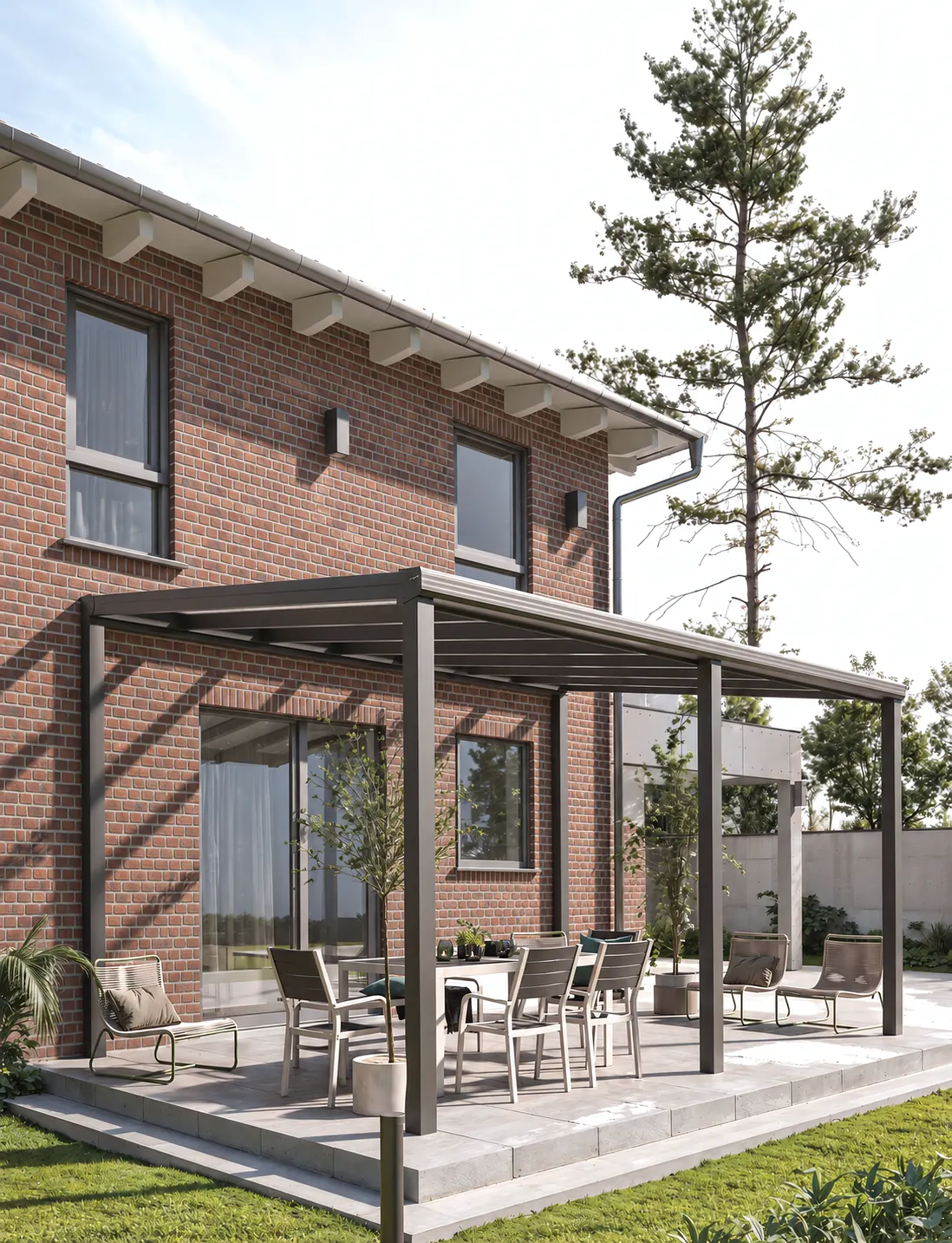 Aluminium-Terrassendach Norderney mit Sitzgruppe am Backsteinhaus