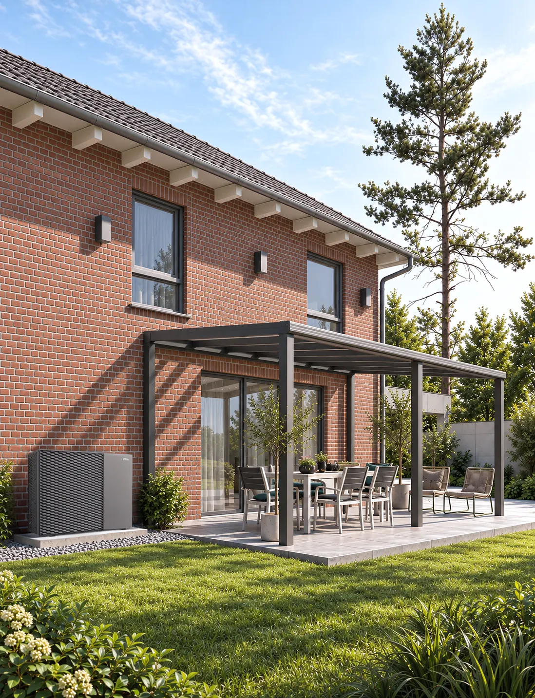 Gesamtansicht des Hauses mit Terrassendach Norderney und angrenzendem Garten